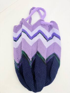Hand Crafted Purple Striped Knit Tulip Shape Drawstring Strap Hobo Slouch Bag